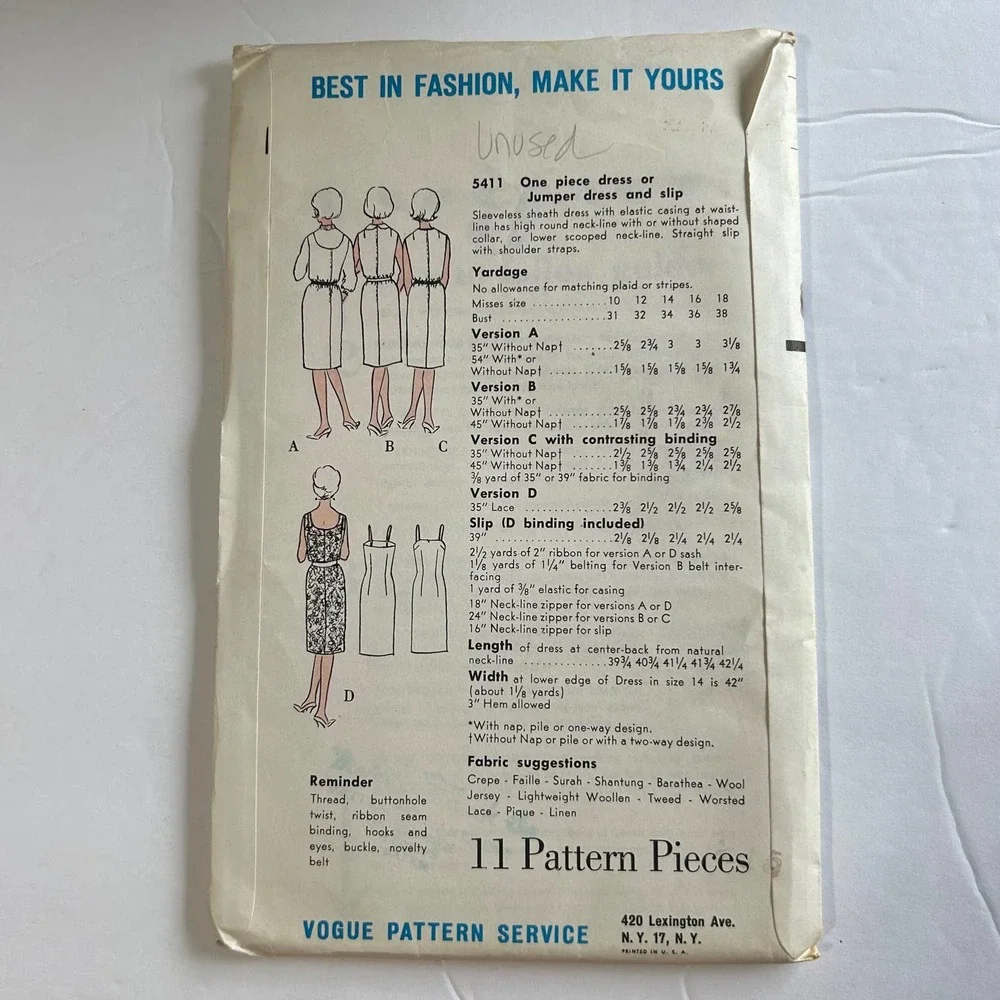 Vogue Vintage 1960's Pattern #5411 Dress Jumper Dress Slip‎ Size 10